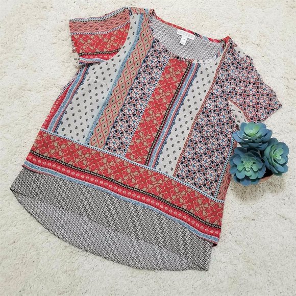 Top, Blouse. Red, Tan, Blue, White, Multi Print. Dana Buchman Brand. - Picture 9 of 16